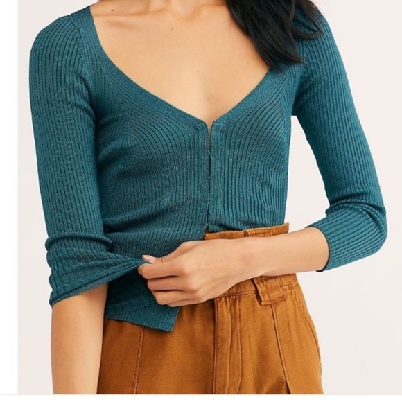 Free People Sweaters - Free people Maya Swit turquoise ribbed hook and eye cropped cardigan